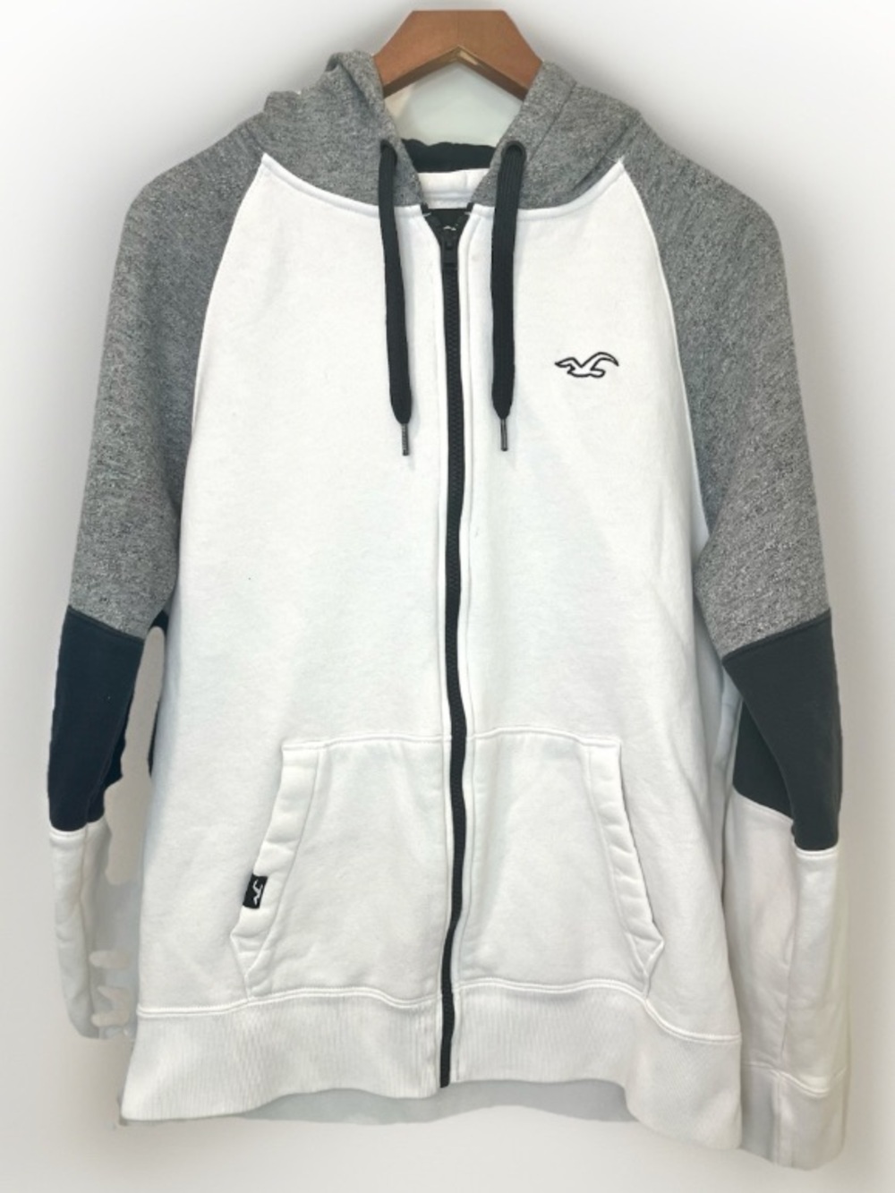 Hollister Full Zip Logo Hoodie White Gray Size Medium